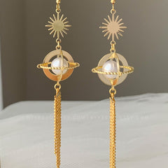 Extra Long Planet Drop earrings - Universe statement earrings - galaxy dangle earrings - unique dangle