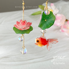 Lotus and Fish Earrings, Lily pad and Lotus flower dangle earrings, water lily Lotus earrings