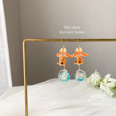 Goldfish and Fish Bowl Dangle Earrings, Goldfish fish bag earrings, fish tank earrings, Unique Dangle
