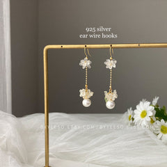 Floral Pearl Dangle earrings, Pearl drop earrings with delicate white flowers, unique wedding bridesmaid earrings