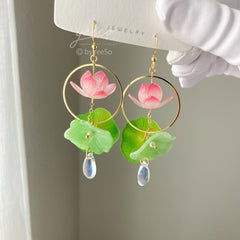3D Lily pad and Lotus flower dangle earrings - Unique Dangle