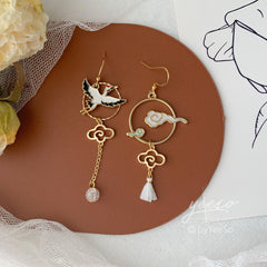 Crane Earrings with White Clouds and Waves - Sun and Cloud Japanese Asymmetrical Asymmetrical unique earrings Dangle - Oriental earrings