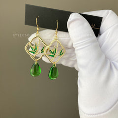 Bamboo teardrop dangle earrings, emerald green glass teardrop earrings, unique dangle