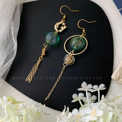 Green Glass Ball Planet Earrings Dangle, Gold Planet Asymmetry Earrings, Star and Moon dangle, Universe Saturn drop earrings