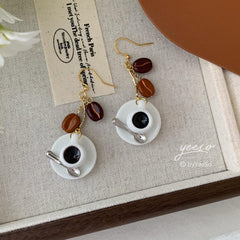 Coffee Cups and Coffee Beans Dangle Earrings - Czech Glass Coffee Bean Drop Earrings - Morning coffee fun earrins -unique dangle
