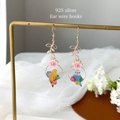 Cherry Blossom and Bird Earrings, Pink Sakura Floral Earrings, Japanese flower and bird earrings, unique dangle
