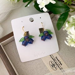 Blueberry Kidney earwire Earrings, Glass Fruit Dangle Earrings, Berry Drop Earrings, Fruit Jewelry Gift For Her