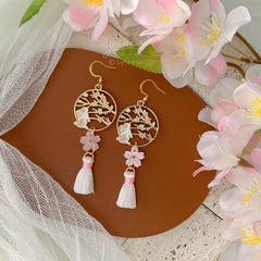 Pink Cherry Blossom Bunny Earrings - Japanese Sakura Tassel Earrings - Pink Cherry Blossom Floral Earrings Dangle