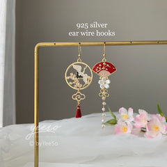 Crane and Fan Earrings with Cherry Blossom - Red Japanese Asymmetrical Fan unique earrings Dangle - Oriental earrings
