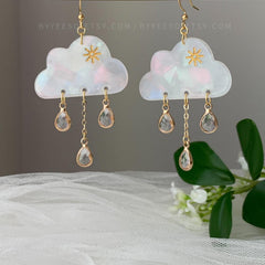Rain Cloud Earrings Dangle - Fun white Cloud long drop earrings