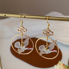 Crane Earrings with Clouds and Waves - Japanese Crane Asymmetrical unique earrings Dangle - Oriental earrings
