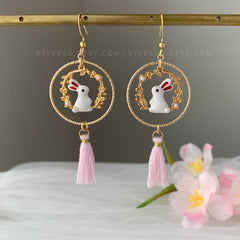 Bunny and Pink Tassel Earrings, Pink Sakura Cherry Blossom Earrings, Japanese Sakura bunny Earrings, Cherry Blossom rabbit Earrings