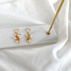 Nature-Inspired Gold Leaf Earrings with Pearls, Delicate Tree Branch Design Jewelry