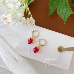 Tiny Strawberry Huggie hoops Earrings - Cute Creative Fruit Earrings - Handmade Earring Gift