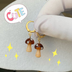 mushroom earrings - fun earrings - cute huggie earrings - gold hugggie