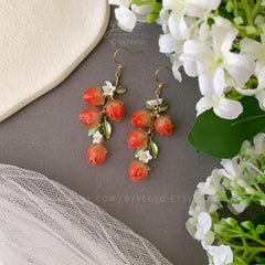 Strawberry Floral Earrings, Unique Strawberry long drop Earrings, Cute Fruit Earrings, Creative Berry Earrings Gift, Handmade Berry Earring