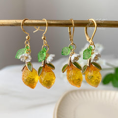 Lemon and Flower earrings - glass Lemon drop earrings - Lemon lever back earrings