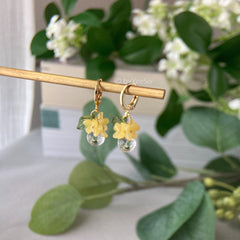 Mini Floral Huggies, Small Yellow Flower Drop Hoop Earrings, Summer Flower Clear Water Drop Earrings, Osmanthus Unique Dangle