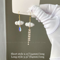 Asymmetry Rain Cloud Earrings Dangle - Fun white Cloud long drop earrings