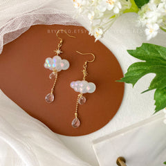 Celestial Rain Cloud Earrings Dangle - Fun white Cloud long drop earrings