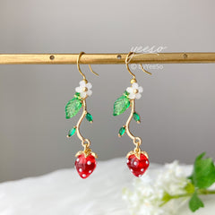 Strawberry Earrings - Strawberry Flower Leaf - Fruit Earrings - Cute - Creative Earrings - Gift - Handmade Earring