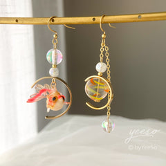 Goldfish and Bubble Dangle Earrings - fish earrings - Unique Dangle