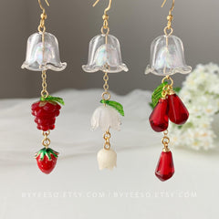 Lily of the Valley Wind Chime Earrings, Raspberry Wind Chime Earrings, Japanese Wind Chime, Wind Bell Earrings, Fruit Wind Chime