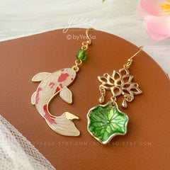 Lotus and Fish Earrings, Lily pad and Lotus flower dangle earrings, water lily Lotus earrings