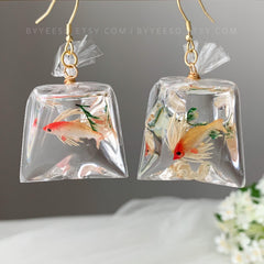 Bag of Fish Earrings, Fish in a Bag Resin Earrings, Fish Earrings, Fun Earrings, Unique Earrings