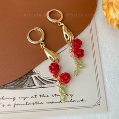 Handpicked Rose Huggie Earrings - The hand and red rose flower huggie hoops - Hand-Shaped Pendant Earrings - valentine’s day gift for her