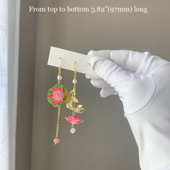 Lily pad and Lotus flower dangle earrings, water lily Lotus earrings, Lotus and fish Earrings, Pink Lotus Flowers on Lotus Leave