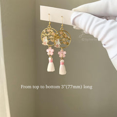 Pink Cherry Blossom Bunny Earrings - Japanese Sakura Tassel Earrings - Pink Cherry Blossom Floral Earrings Dangle
