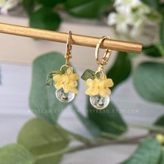 Mini Floral Huggies, Small Yellow Flower Drop Hoop Earrings, Summer Flower Clear Water Drop Earrings, Osmanthus Unique Dangle