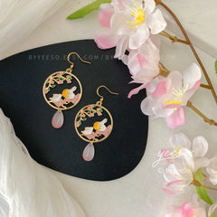Pink Sakura Cherry Blossom Bunny Moon Earrings - Japanese Sakura rabbit Earrings - Bunny earrings