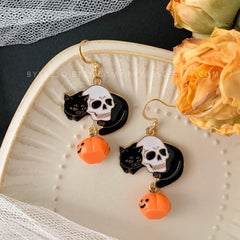 Skull Halloween Earrings, Skull Pumpkin Earrings, Ghost Earrings, Unique Halloween Earrings Dangle