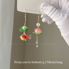 Lotus and Fish Earrings, Lily pad and Lotus flower dangle earrings, water lily Lotus earrings