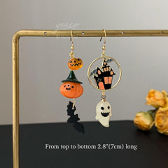 Bat Ghost Pumpkin Halloween Earrings Dangle, Asymmetry Pumpkin Earrings, Unique Halloween Earrings Dangle