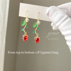 Strawberry Earrings - Strawberry Flower Leaf - Fruit Earrings - Cute - Creative Earrings - Gift - Handmade Earring