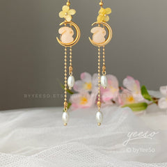 Moon Bunny Blossom Earrings - Celestial rabbit Pearl Earrings - Japanese gold Osmanthus Floral Earring
