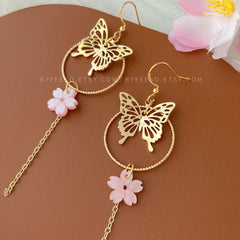 Gold Butterfly Cherry Blossom Earrings, Beautiful 18K Gold Plated Butterfly Long Drop Earrings