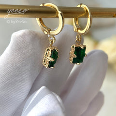 Emerald Green baguette hoops - Huggie Hoops Earring - Gemstone Dainty Minimalist Earrings