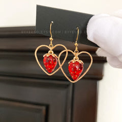 Strawberry Heart Drop Earrings -  Handmade Cute Strawberry Fruit Earrings - Unique Earrings gift for her