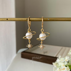 Pearl Planet and Star Huggie Hoop Earrings, Pearl Saturn Planet Earrings Dangle, Universe Statement Earrings