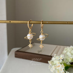 Pearl Planet and Star Huggie Hoop Earrings, Pearl Saturn Planet Earrings Dangle, Universe Statement Earrings