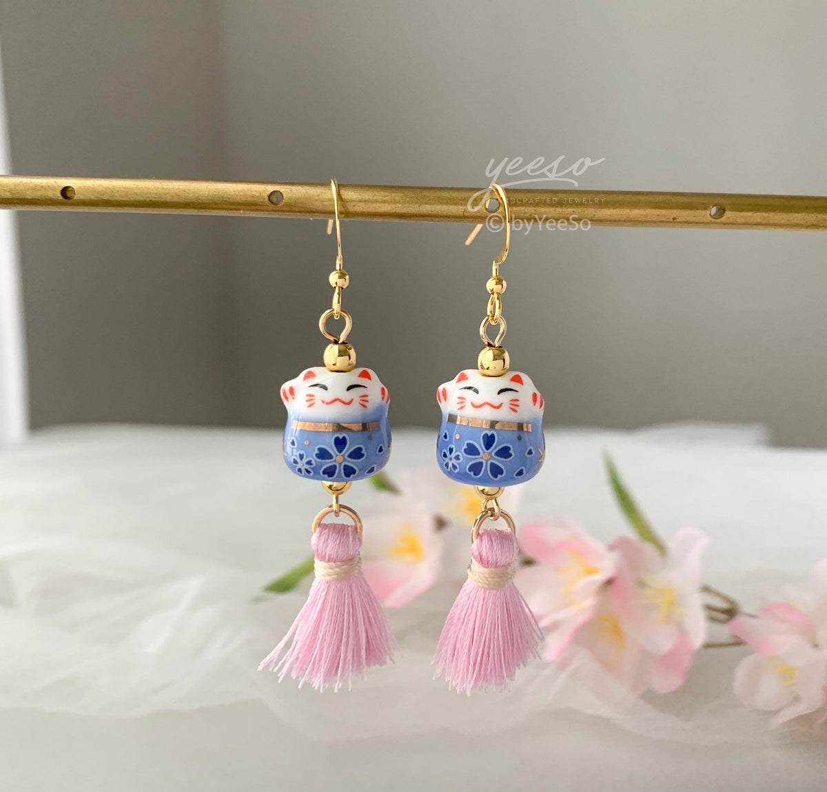 Kitty Cat and Tassel Earrings, Pink Cherry Blossom Tassel Earrings, Kitty Wind Chime Earring dangle
