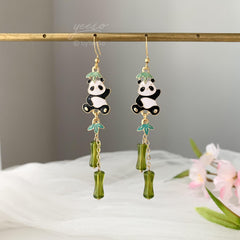 Bamboo and Panda Earrings, Japanese Fan Earrings, Bamboo Fan Earring, Unique Oriental Earrings