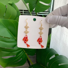 Koi Fish Dangle Earrings, Goldfish Earrings, Fish and Fan Dangle Earrings, Japanese Fan and fish Earrings
