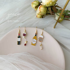 Beer bottle and beer mug earrings, red wine bottle and glass earrings, unique asymmetry Miniature Earrings
