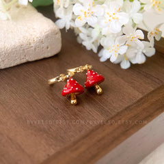 Red Mushroom Huggie Earrings - fun food fruit earrings - cute mushroom huggie hoops