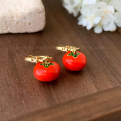 Tomato Earring Dangle, 14k gold plated Tomato Huggie Hoops, Unique Fruit Earring Gift